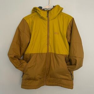 REI Men’s Color-block, Mustard Yellow & Brown Insulated Puffy Jacket, size small